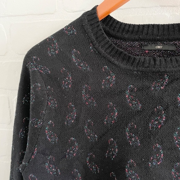 Revolve x Obey Knit Sweater Wasteland Paisley Rainbow Shimmery Cotton Black Sz M - Picture 6 of 15